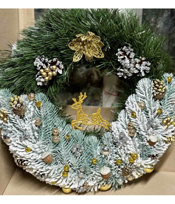 Новогодний Веночек Большой Декорированный Синий 40см, Декор ассорти, каркас пластик, Рождественский декор